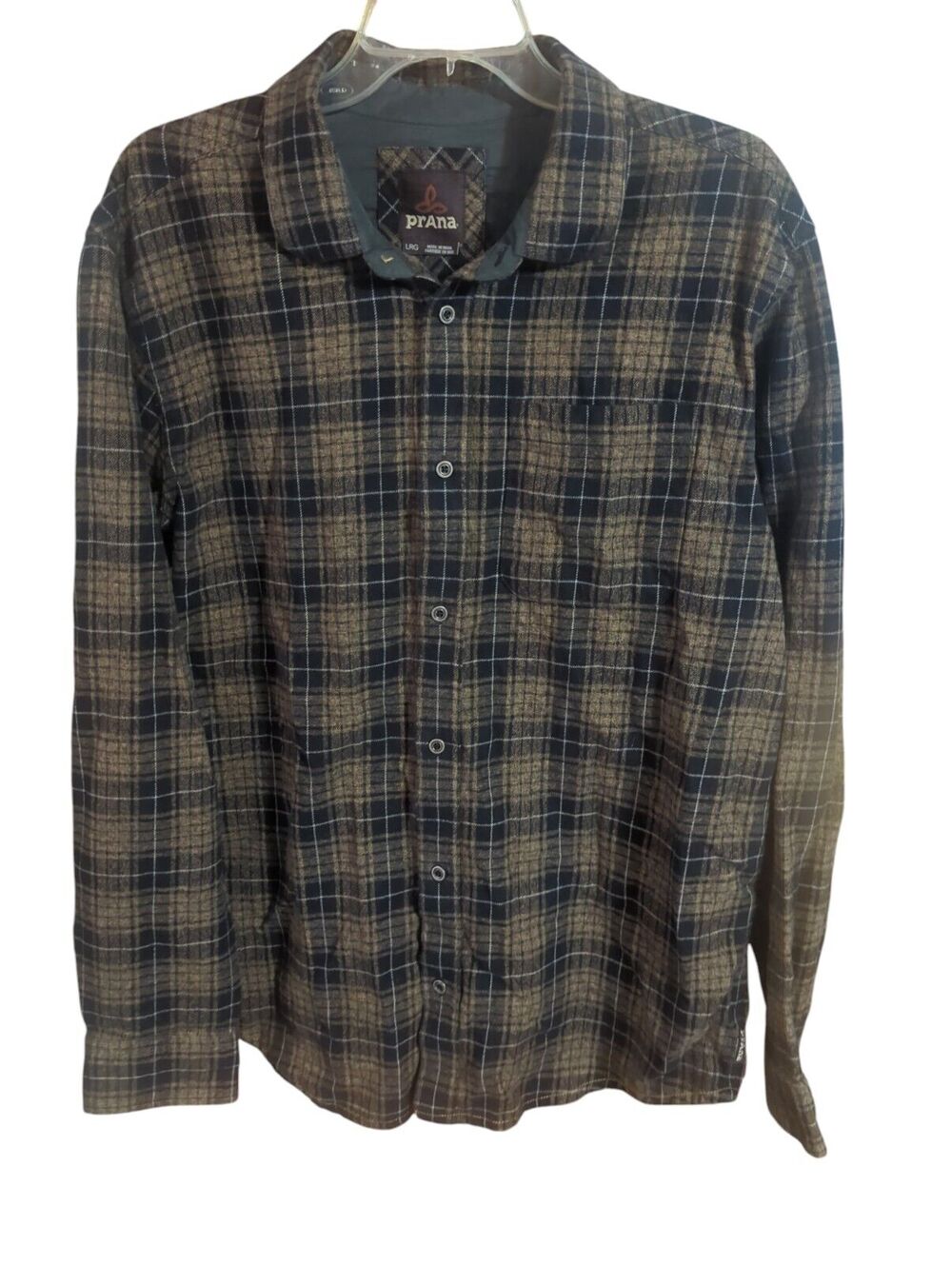 Prana Mens Button Down Shirt Flannel Plaid Black Brown Size LARGE Long Sleeve